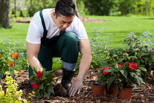Team of gardeners working safely with equipment in an urban garden